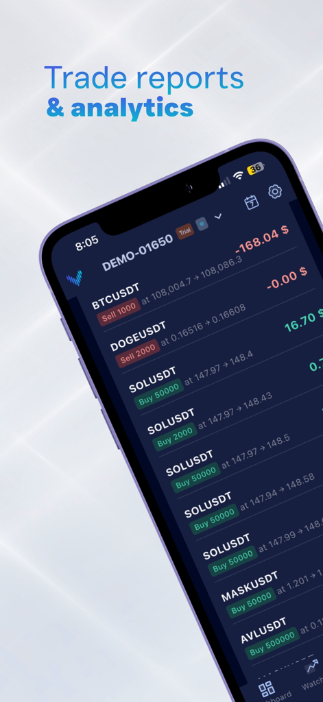 VolumetricaFX - Application mobile VolumetricaFX montrant des rapports de transactions et des analyses pour diverses paires de crypto-monnaies
