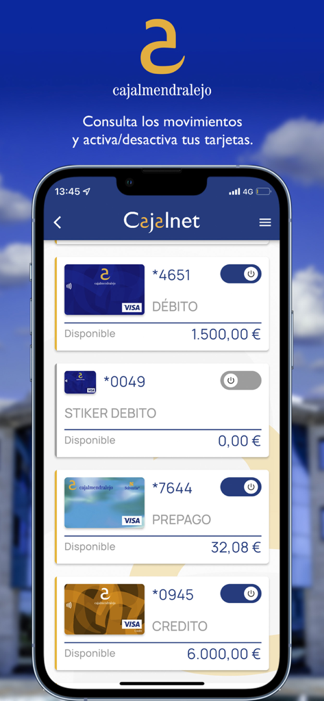 Cajalnet - Pantalla de la aplicación Cajalnet que muestra una lista de tarjetas bancarias con interruptores para activarlas o desactivarlas por seguridad.