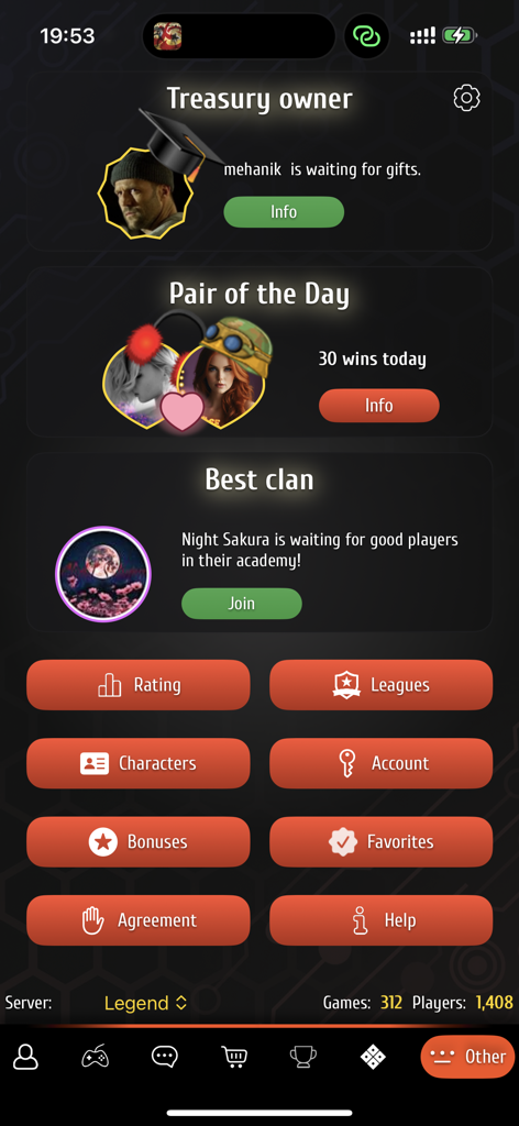 Magnate - board game - Main menu interface of the Magnate board game app showing clan info player status and navigation buttons