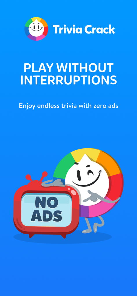 Pantalla promocional de Trivia Crack Premium destacando una experiencia de juego sin anuncios con un gráfico de Sin Anuncios.