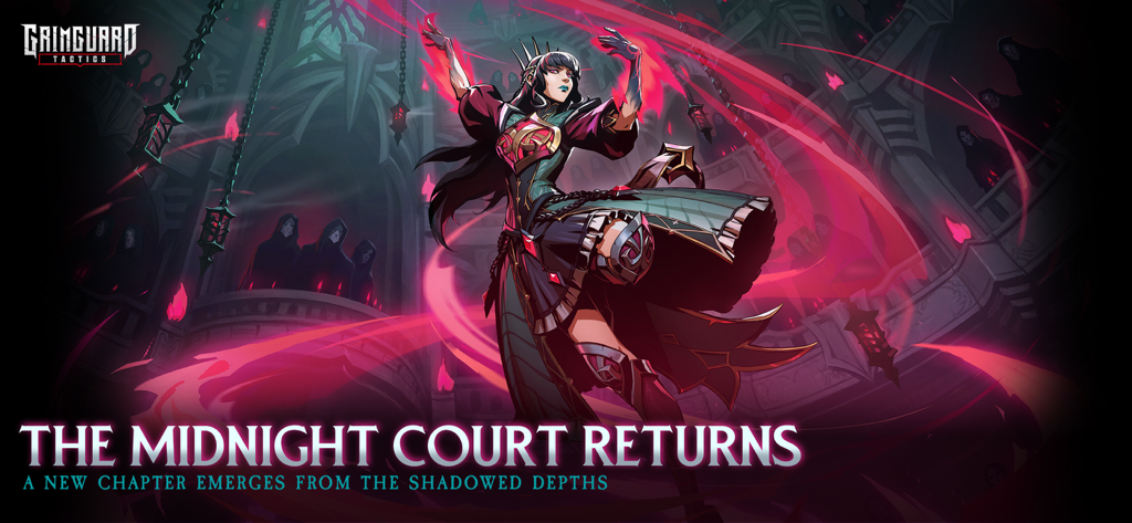 Grimguard Tactics: Fantasy RPG - Grimguard Tactics Midnight Court Returns promotional graphic featuring a dark fantasy female character