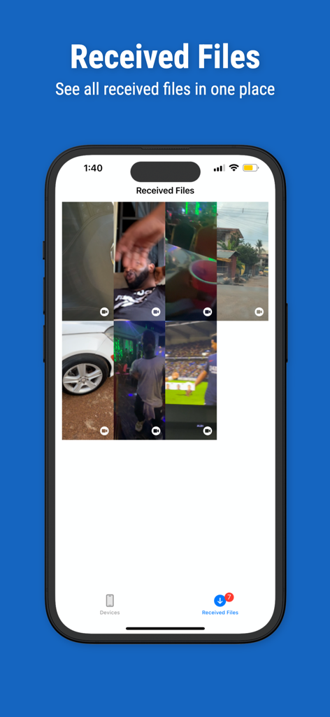 DroidShare - DroidShare app screen showing a gallery of received media files and video thumbnails