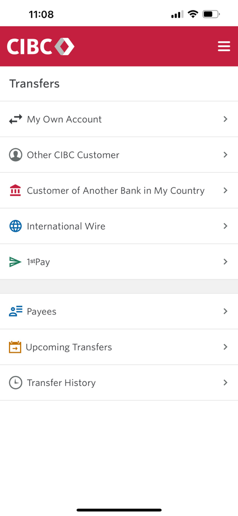 CIBC Caribbean Mobile - The fund transfers menu in the CIBC Caribbean Mobile app displaying options for international wires and internal account transfers