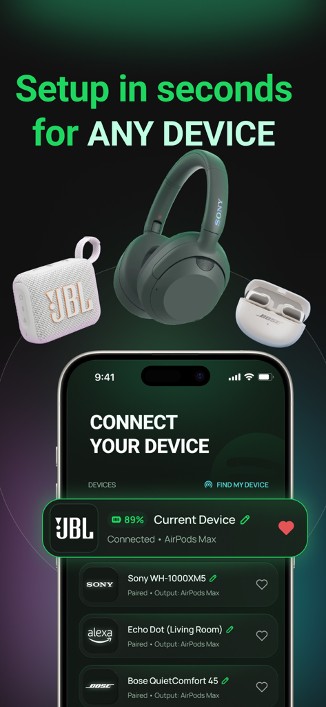 PRO Speaker Headphones Connect - Pantalla de aplicación de smartphone que muestra una lista de dispositivos Bluetooth conectados, incluyendo auriculares Sony y altavoces JBL