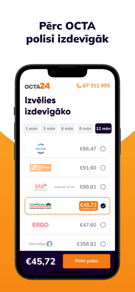 Price comparison screen of the Octa24 app showing various Latvian insurance provider quotes for a car policy.