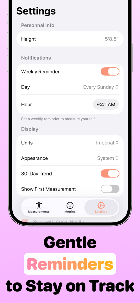 My Body Measurement Tracker - Settings screen of the app showing weekly measurement reminders and display unit options