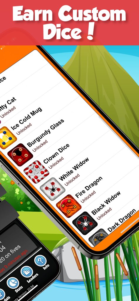 Dice World: Farkle & Yatzy - Interface of the Dice World app showing a collection of unlocked custom dice skins like Fire Dragon and Black Widow