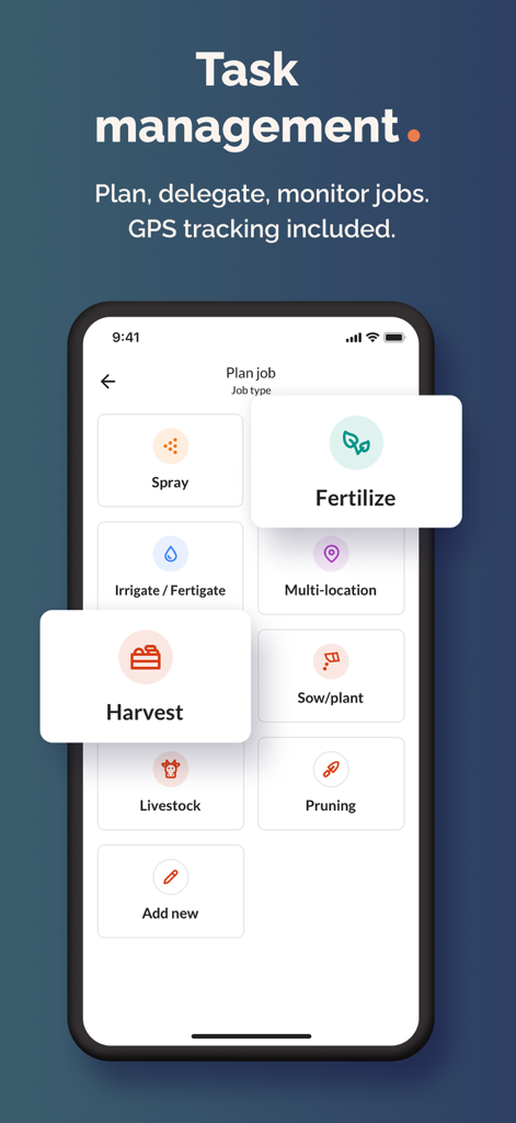 Farmable mobile app screen showing task management options for planning farm jobs like fertilizing and harvesting