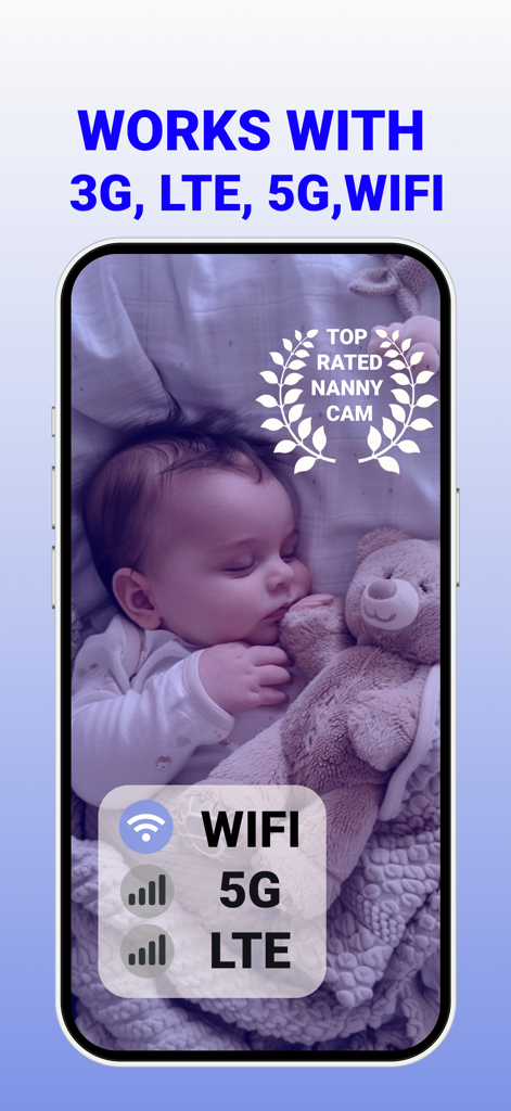 Baby sitter camera Wendy - Baby monitor app screen showing a sleeping baby with icons for WiFi 5G and LTE connectivity