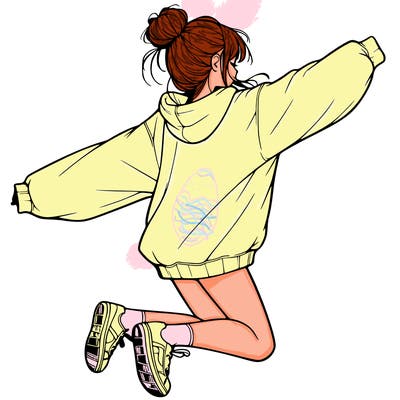 realistic girl jumping with a bun and oversized sweatshirt