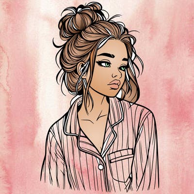 realistic woman with pajamas on and a messy bun