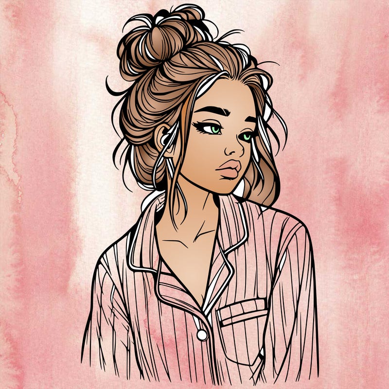 realistic woman with pajamas on and a messy bun