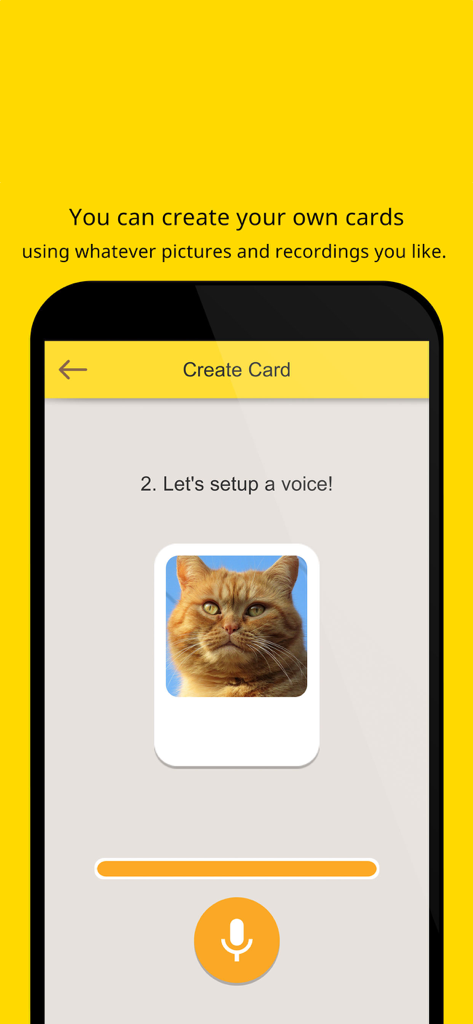 Interface para criar um cartão de comunicação personalizado com uma foto de gato e botão de gravação de voz no Card Talk
