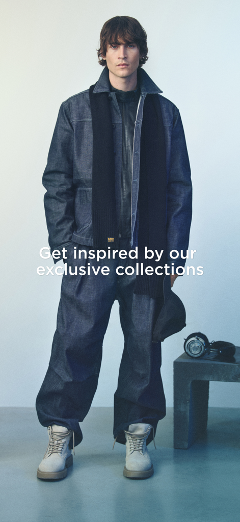 Un mannequin homme portant une tenue en denim G-Star Raw premium avec le texte Inspirez-vous de nos collections exclusives
