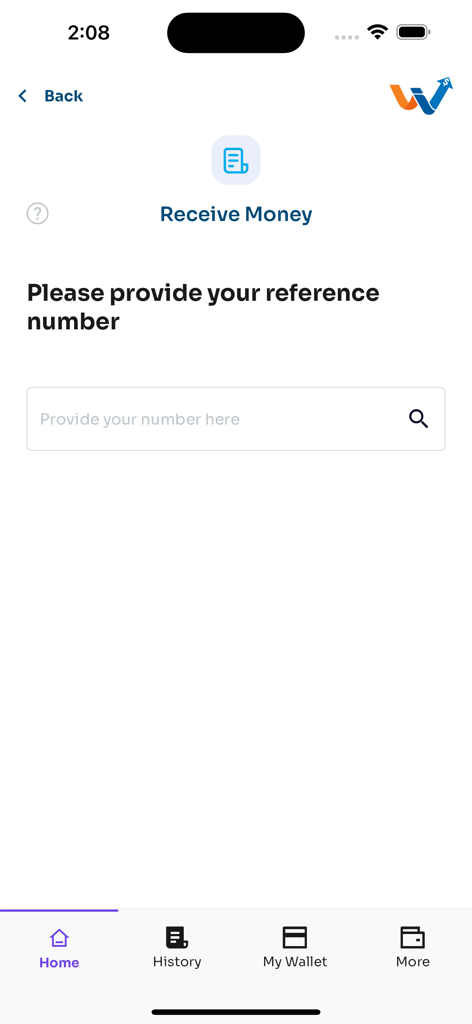 Pantalla de la aplicación WIDIT para recibir dinero ingresando un número de referencia de transacción