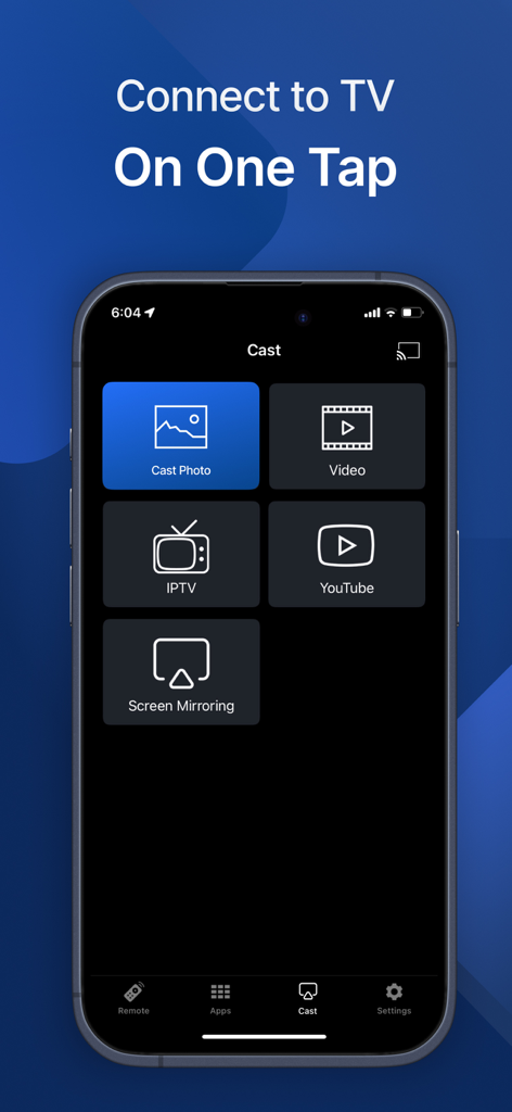 Smart Remote for Sam TV - Interfaz de iPhone que muestra varias opciones de transmisión a TV como fotos, videos y duplicación de pantalla para televisores Samsung
