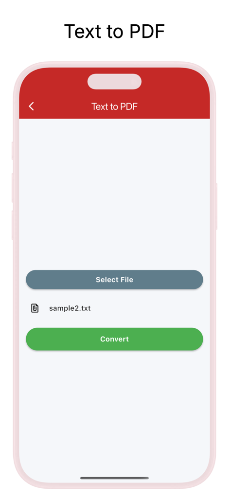 テキストファイルからPDFへの変換機能が表示されたスマートフォン画面。選択されたテキストファイルと緑色の変換ボタンがあります。