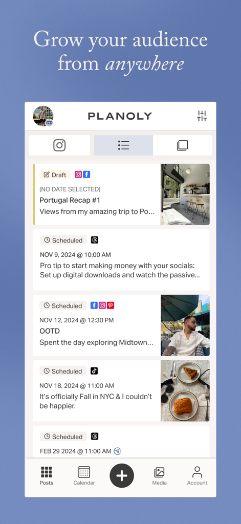 Planoly: Social Media Planner - 複数のプラットフォーム向けの予約済みソーシャルメディア投稿リストを表示しているPlanolyアプリのインターフェース。