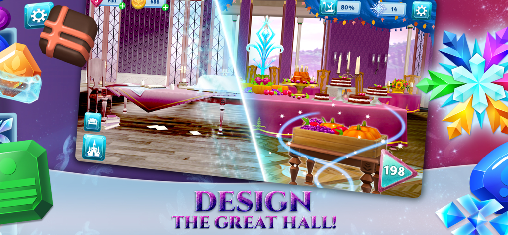 A split screen showing before and after renovation of the Great Hall in Disney Frozen Adventures.