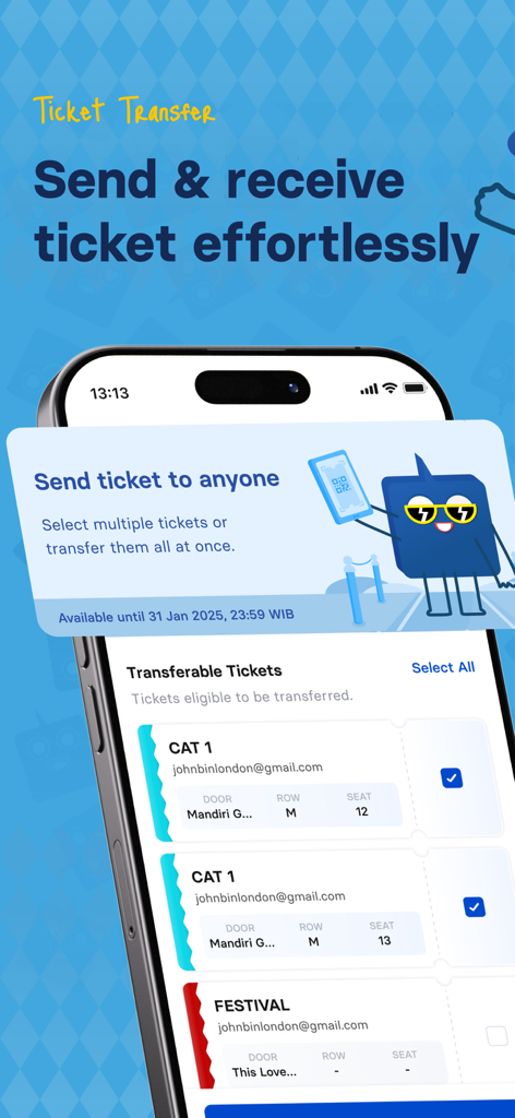 LOKET X - Pantalla de la aplicación LOKET X para smartphone que muestra la interfaz de transferencia de entradas para enviar entradas digitales para eventos.