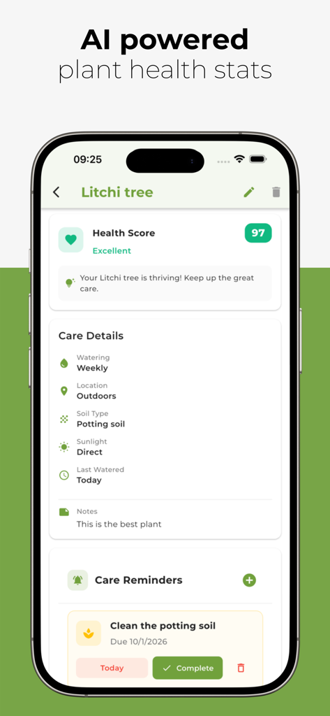 Plant-Care - Plant-Care App-Dashboard zeigt Gesundheits-Score und Pflegedetails für einen Litschi-Baum