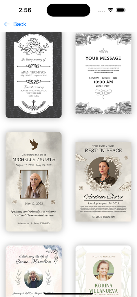 A gallery view of various respectful memorial and funeral poster templates within the app
