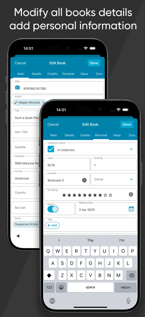 Mobile app interface showing screens for editing book metadata and adding personal collection information like location and ratings