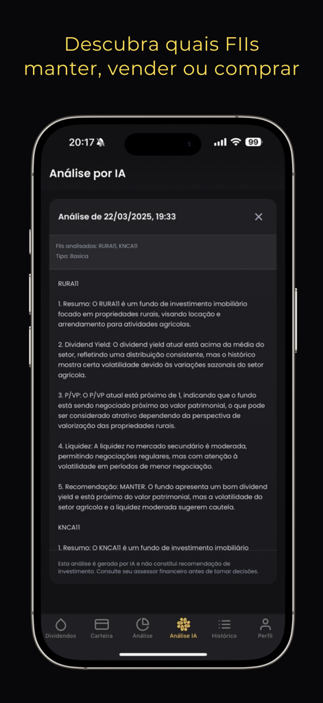 Renda Fiis: Fundos Imobiliário - Mobile app screen showing AI driven analysis and recommendations for Brazilian Real Estate Investment Trusts