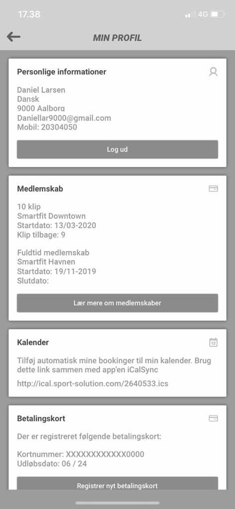 Sport Solution Booking - Profile and membership management screen in the Sport Solution Booking app.