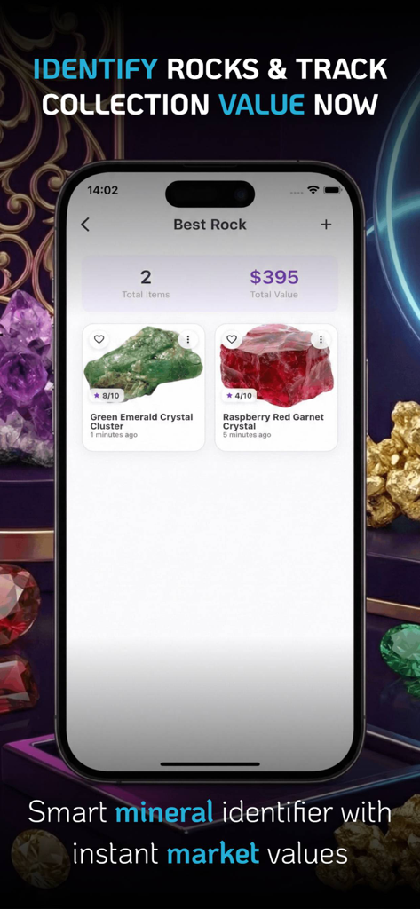 Interfaz de la aplicación Rockfy mostrando una colección digital de rocas con valores de mercado estimados