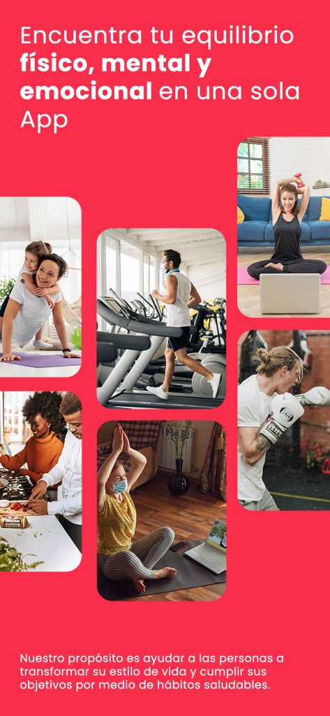 Fitpal. - Collage de personas haciendo ejercicio y cocinando, ilustrando un estilo de vida saludable y equilibrio mental