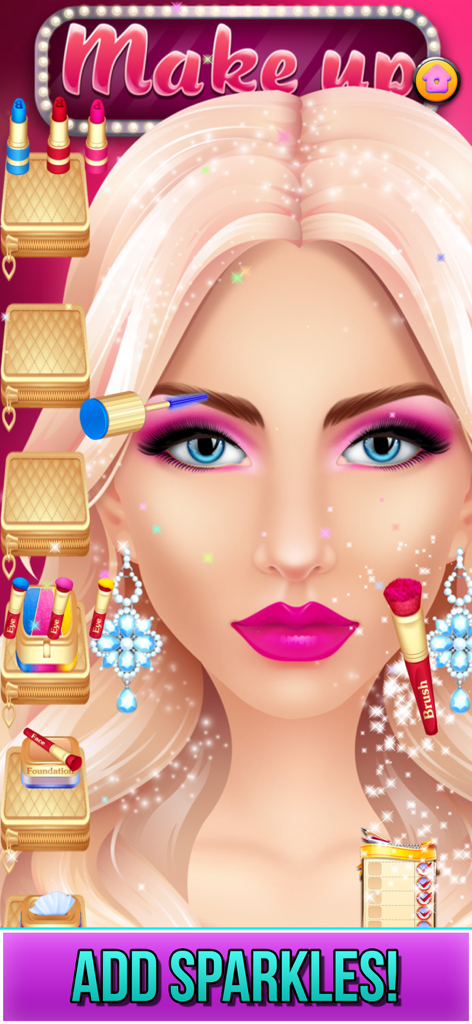 A digital girl character receiving a makeover with pink makeup and sparkle effects in the app