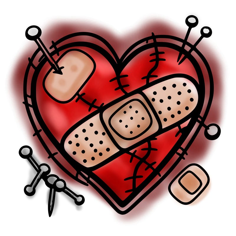 patched up heart with stitches, bandaids and sewing pins