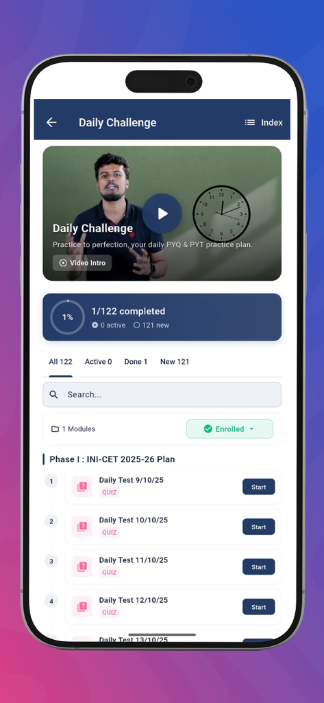 Medico: NEET-PG & INI-CET Prep - Daily Challenge interface in the Medico app showing a schedule of medical practice tests for INI-CET preparation
