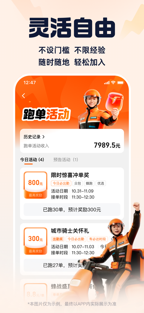 Fengniao Crowdsourcing mobile app screen showing delivery rewards and flexible work benefits