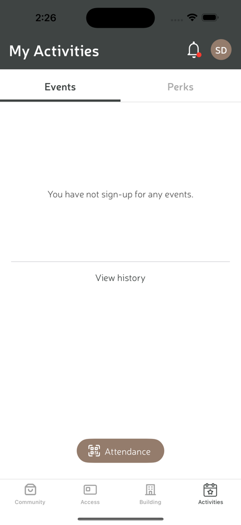 DUO Singapore - Captura de pantalla de la sección Mis Actividades de la aplicación DUO Singapore mostrando las pestañas Eventos y Beneficios.