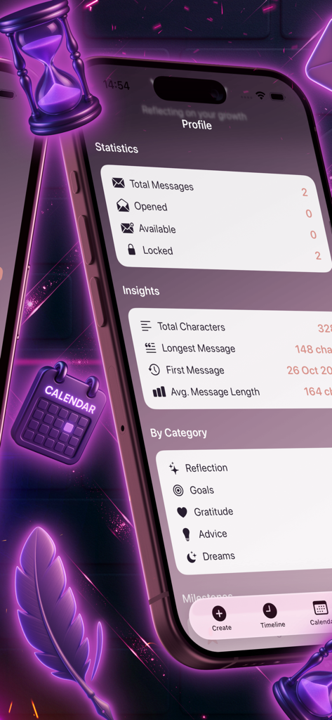 LaterSelf app profile screen displaying message statistics and personal growth insights.