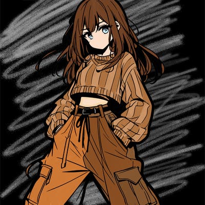 anime teen girl with baggy pants and crop top with sweater