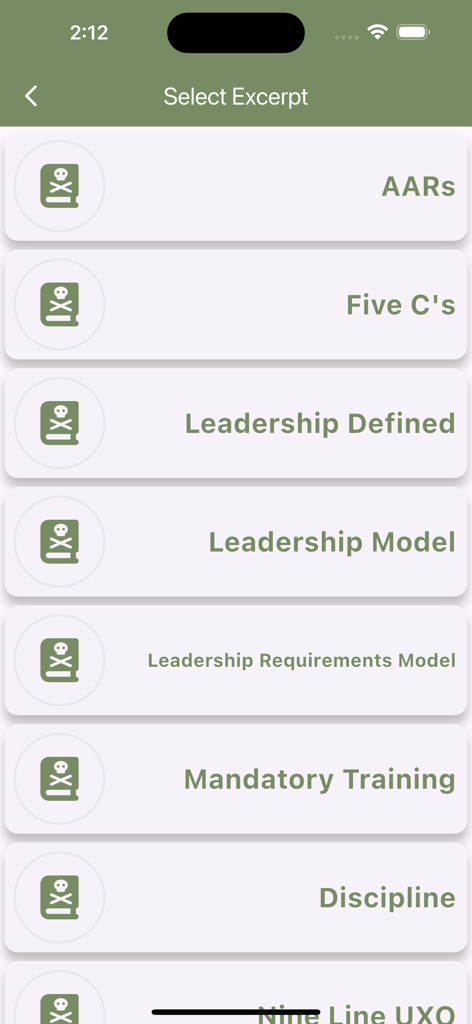 Army Leader Smart Cards - A menu in the Army Leader Smart Cards app showing a list of military doctrine excerpts including AARs and leadership models.