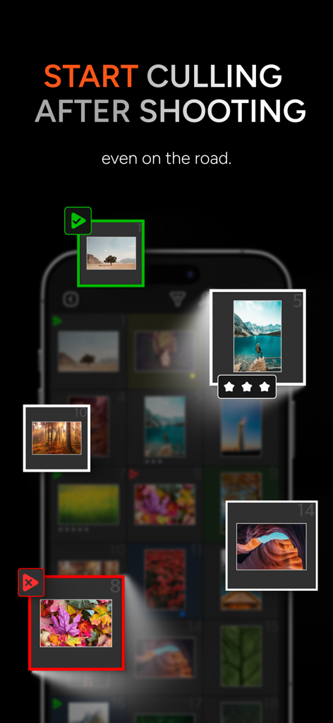 AI Culling PhotoPicker Proのモバイルインターフェース。外出先での写真選択とスターレーティングを表示。