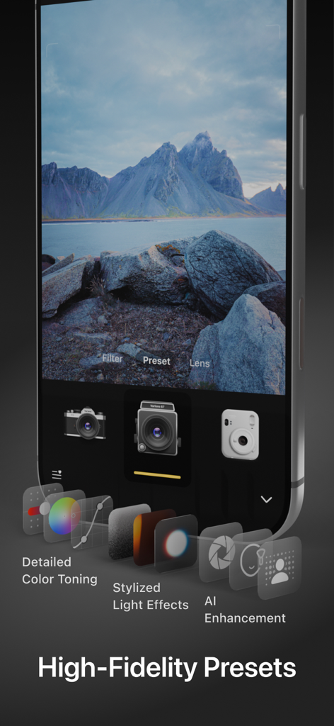 Smartphone screen showing the Varlens app camera interface with high-fidelity presets and professional photography filters applied to a landscape photo.
