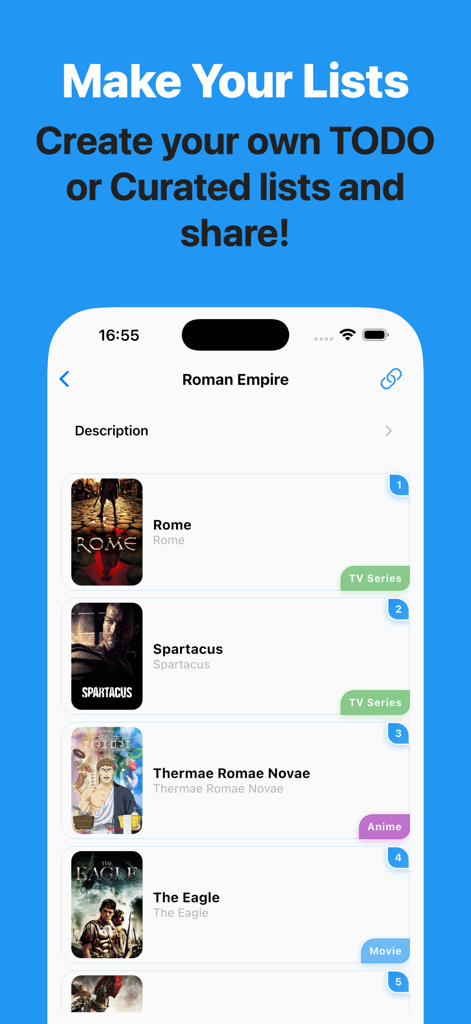 Watchlistfy: Track & Discover - Watchlistfy mobile app screen showing a curated list named Roman Empire with tracked TV series movies and anime