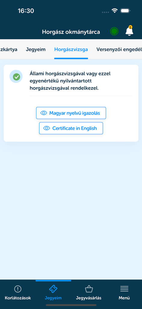 Digital fishing exam certificate verification in the HORGASZ app document wallet