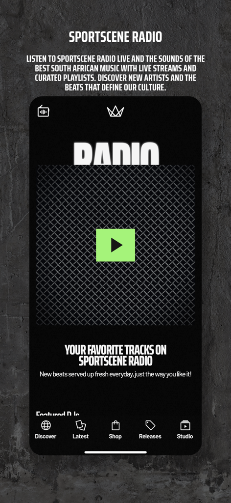 Sportscene Social Club - Sportscene Social Club app interface showing the Sportscene Radio feature for streaming South African music.