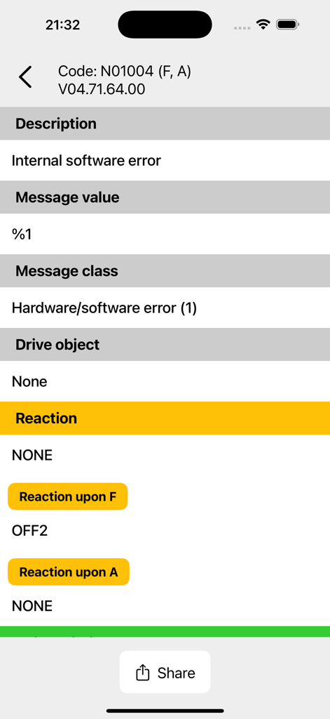 SINAMICS Fault Finder - Detailed view of SINAMICS fault code N01004 within the fault finder mobile application showing error description and system reactions.