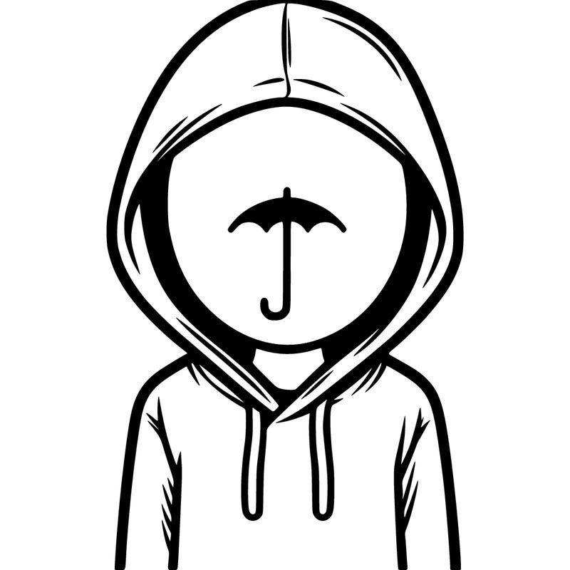 a person with non face waering a hoodie with a small umbrella symbol