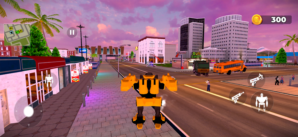 Rogue City Crime Gangster Game - A yellow mech robot standing on a city street near a gun shop during sunset.