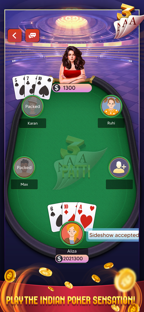 Teen Patti: Indian Poker - Gameplay screen of Teen Patti Indian Poker showing a virtual card table with player avatars and betting chips