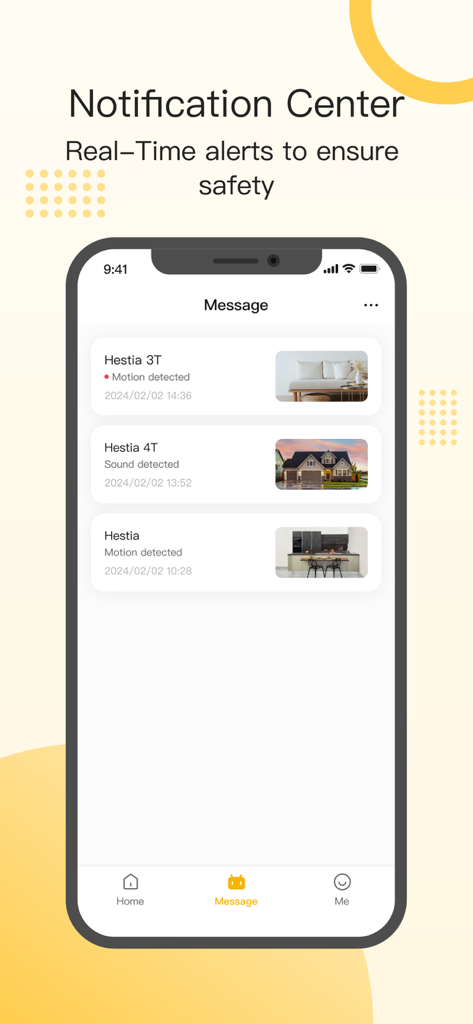 Qsee - Smart Home - Qsee Smart Home app notification center displaying real-time security alerts for motion and sound detection.
