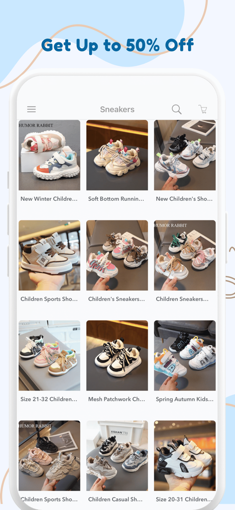 Cheap Kids Clothing Fashion - Interfaccia dell'app mobile che mostra una varietà di scarpe da ginnastica alla moda per bambini con uno striscione di sconto del cinquanta percento.